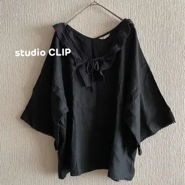 studio CLIP 린넨 블라우스 레이스 옷깃 리본 블랙 린넨