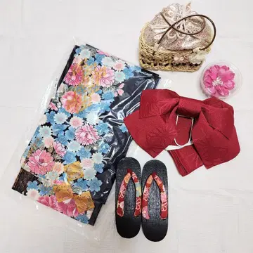 유카타 네이비 5종 세트 오비, 일본 나막신, 복조리, 머리 장식