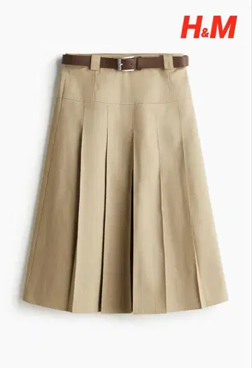 H&M 벨테트 플리츠 스커트 종아리 기장 베이지 46
