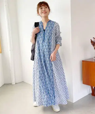 누키테파 코튼 자카드 콤비 개더 원피스 드레스