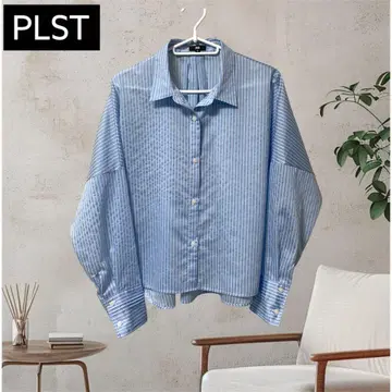 PLST 시어 크롭 셔츠 M 블루 스트라이프 비침 2025ss