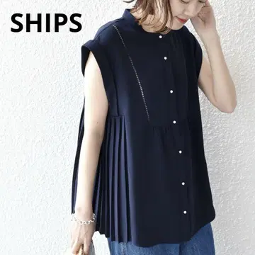 SHIPS 스트레치 조젯 플리츠 숏 슬리브 블라우스