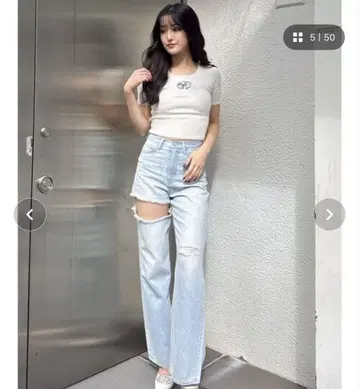 제이다 하이 웨스트 사이드 리핑 스트레이트 와이드 데님 팬츠