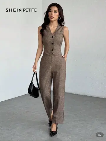 SHEIN PETITE 브라운 팬츠 셋업
