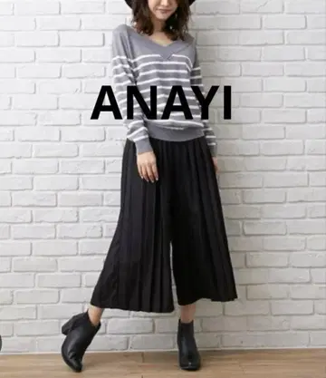 ANAYI 블랙 플리츠 큐롯 가우초 팬츠 와이드 팬츠 38