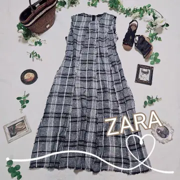 ZARA 자라 절개 체크 맥시 길이 린넨 원피스 L