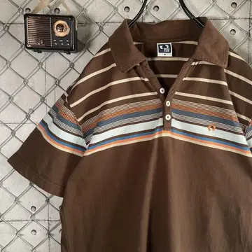 HANG TEN 한텐 피케 셔츠 멀티 보더 로고 자수 브라운