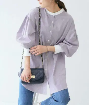 슬로브 이에나 긴팔 클레릭 볼륨 슬리브 블라우스 스트라이프 네이비 화이트