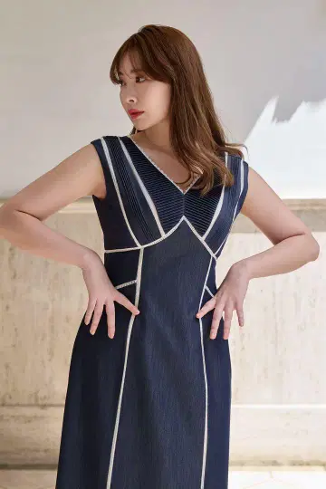 레이스 트림 샴브레이 드레스