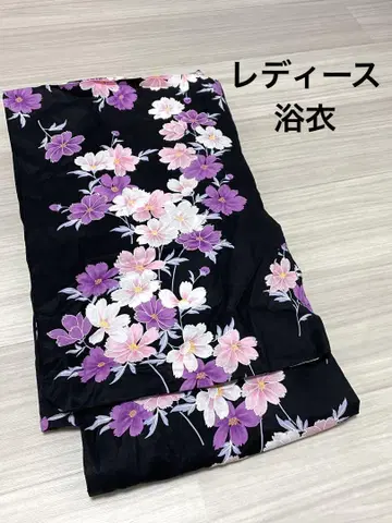 여성용 유카타 단품 블랙 플라워 무늬 핑크 화이트 보라색