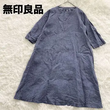무인양품 프렌치 린넨 롱 원피스 7부 소매 크루넥 L 블루
