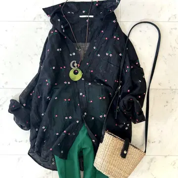 새상품급 티카 플라워 자수 셔츠 린넨 혼방 시어 셔츠
