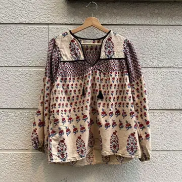 70s USA 구제 의류 여성용 긴팔 블라우스 태슬 인도 면 빈티지