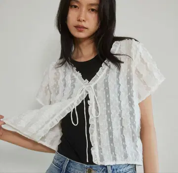 시루무린 Chiffon Embroidery Frill 숏 가디건