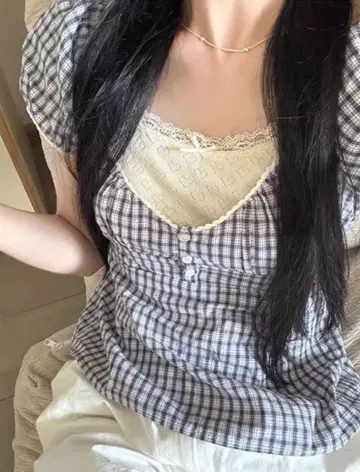 V넥 체크 상의 퍼프 페어리 발레 코아