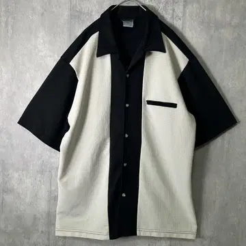 USA제 빈티지 로커빌리 셔츠 오픈 카라 볼링 화이트 블랙 스트레치