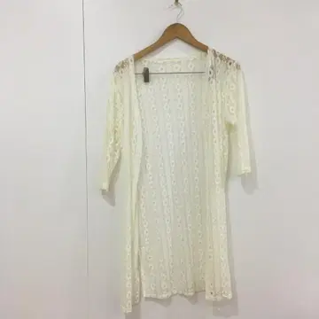 시스루 레이스 7부 소매 가디건 롱 기장 버튼리스 화이트 F 사이즈