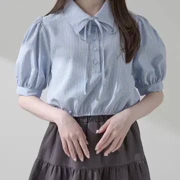 택 포함 새상품 AmbreNeige 리본 스트라이프 숏 셔츠