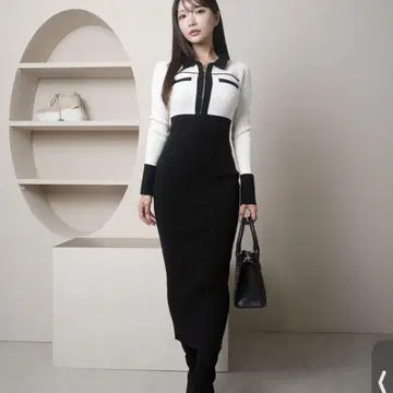 LIP service 립 서비스 프론트 지퍼 바이컬러 니트 원피스