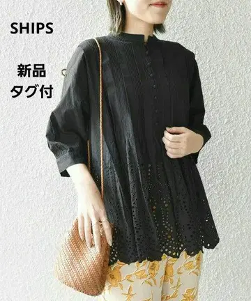 새상품 SHIPS 시프리 자수 블라우스 자수 레이스 블랙 컷워크