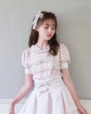 LIZLISA 깅엄 자카드 반팔 니트 탑