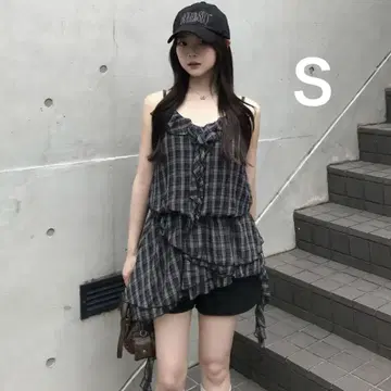 블랙 체크 프릴 아지메 미니 원피스 S 튜닉 emmy
