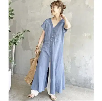 Spick & Span 린넨 혼방 셔링 V 원피스 블루 36 사이즈