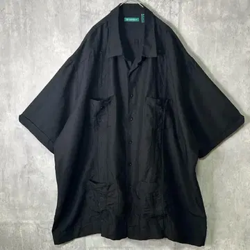 최고급 빅 실루엣 린넨 자수 쿠바 셔츠 블랙 올 블랙