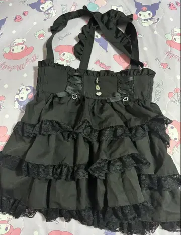유메텐보 하트 비쥬 레이스업 리본 플레어 스커트 블랙
