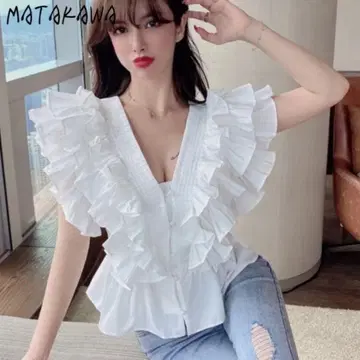 프릴이 달린 화이트 V 넥 셔츠 볼륨 슬리브 새상품 화이트 블라우스