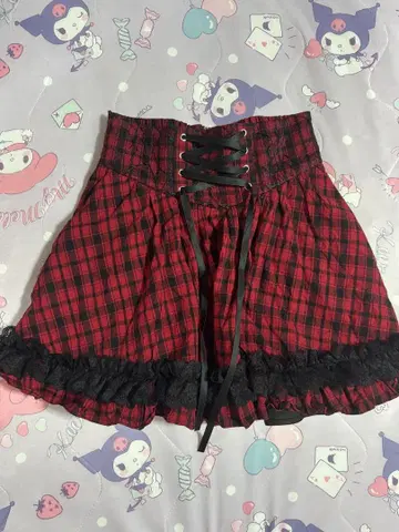 유메텐보 체인 레이스업 거미 레이스 프릴 스커트 빨간색 체크