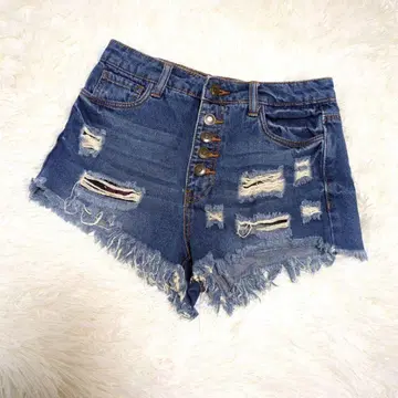 FOREVER 21 데님 숏 팬츠(S) 데미지 프린지 걸리시 블루