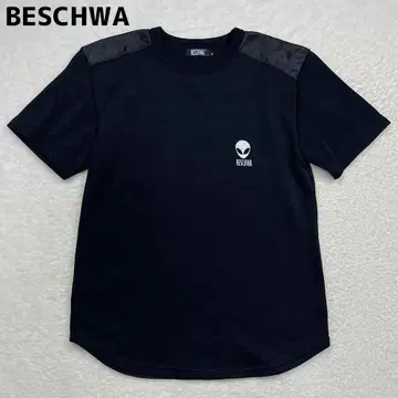 BESCHWA 티셔츠 에이리언 자수 우주인 이소재 절개 블랙