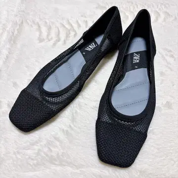 ZARA 메쉬 펌프스 스퀘어토 로우 힐 블랙 38