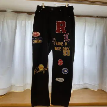블랙 팬츠 와펜 와이드 테이퍼드 데님 팬츠