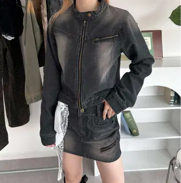노카라 숏 기장 데님 자켓