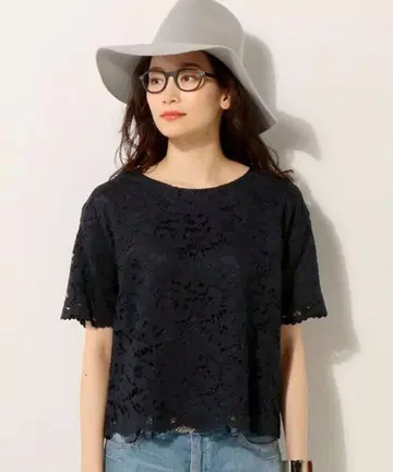 UNITED ARROWS UBMF 코드 레이스 5부 소매 블라우스 네이비