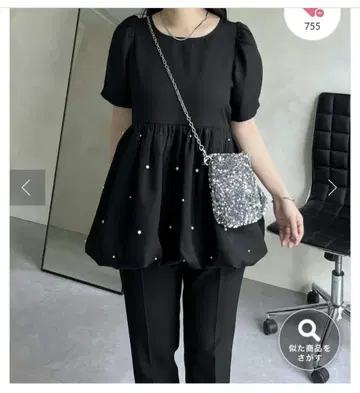 랜덤 펄 밑단 벌룬 페플럼 블라우스