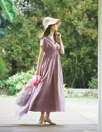 연보라 V넥 반팔 롱 원피스
