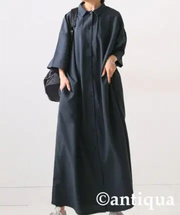 셔츠 원피스 7부 소매 블랙 안티카