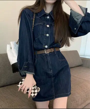 다크 블루 데님 미니 드레스