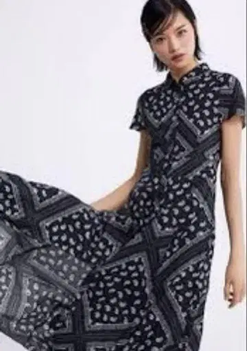 ZARA 자라 롱 셔츠 원피스 올 패턴 페이즐리 블랙 포켓