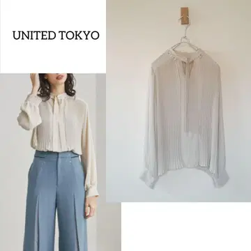 UNITED TOKYO 투 페이스 플리츠 블라우스 보타이 앞뒤로 입기