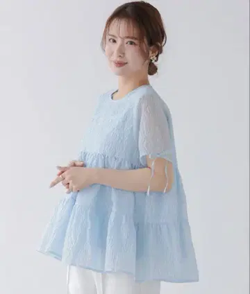 more 핏 모어 시어 자카드 소매 리본 티어드 탑