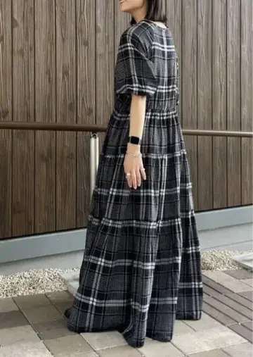 워셔블 / 보일 티어드 벌룬 소매 원피스 블랙 체크 무늬