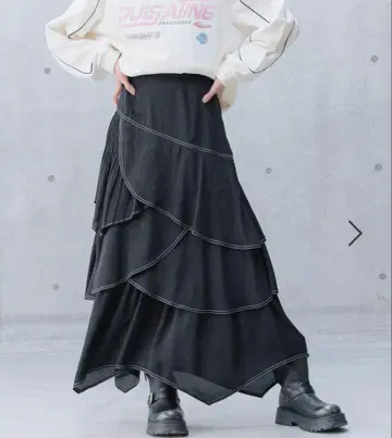 PAGEBOY 페이지 보이 스티치 플리츠 프릴 스커트 롱 스커트