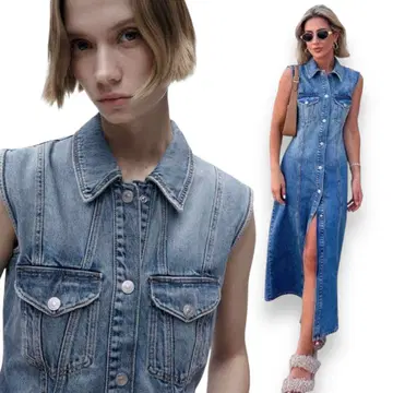 ZARA 컨디션 최상 자라 데님 블루 슬리브리스 셔츠 롱 원피스 M