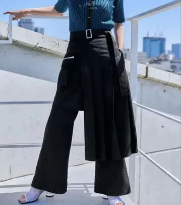 HARE 지퍼 레이어드 랩 팬츠 와이드 팬츠 벨트 블랙