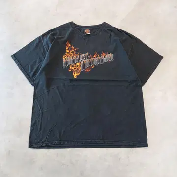 할리 데이비슨 프린트 티셔츠 불꽃 해골 구제 의류 2XL 블랙 14783