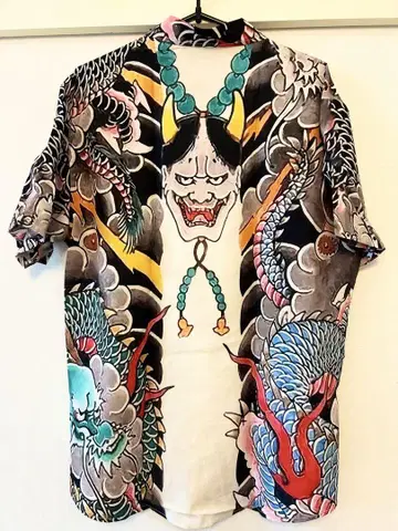 반야 류키 와조 일본풍 패턴 알로하 셔츠 타투 문신 크림 우키요에